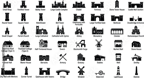 Tableau sur toile Medieval architecture icons set, 40 black silhouette castle and village building