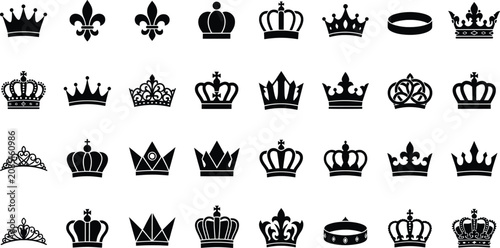 фотографія Royal crown silhouette icons set, 32 black heraldic king and queen tiara element