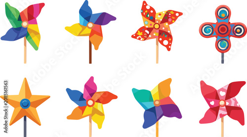 Obraz na płótnie Colorful pinwheel collection vector set featuring decorative toy windmills with