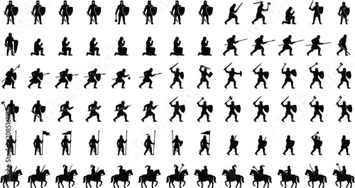 Foto Medieval knight silhouettes set, ancient warrior army icons in various combat po