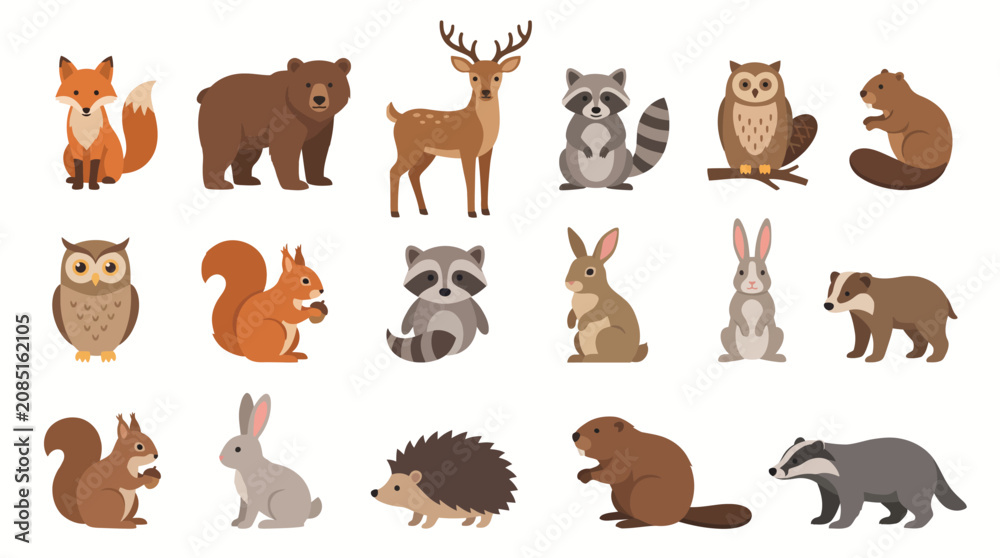 Obraz premium Forest animals arrangement displays a variety of wild creatures like owls, squirrels, and rabbits in a clean and organized layout perfect for educational or creative projects.