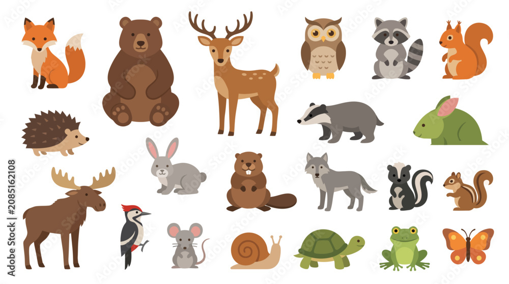 Obraz premium Woodland animals collection features a diverse group of forest creatures including a bear, deer, fox, owl, and raccoon depicted in a charming and playful flat design style.
