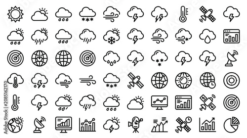 Obraz na plátně Weather icons set displays various meteorological phenomena including clouds, storms, and temperature indicators for digital interface design projects