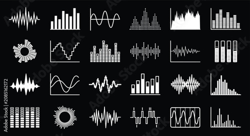 Foto Minimalist sound wave icons set, white audio equalizer frequency bars on black b