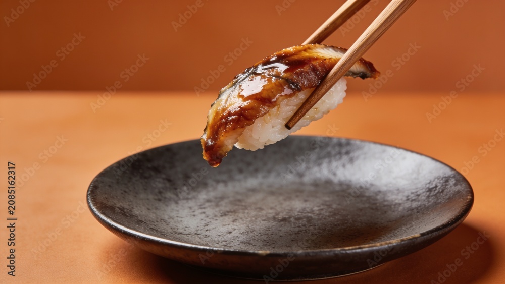 Fototapeta premium Grilled salmon fillet held with chopsticks above a ceramic plate with rising steam in a minimalist dining setting.
