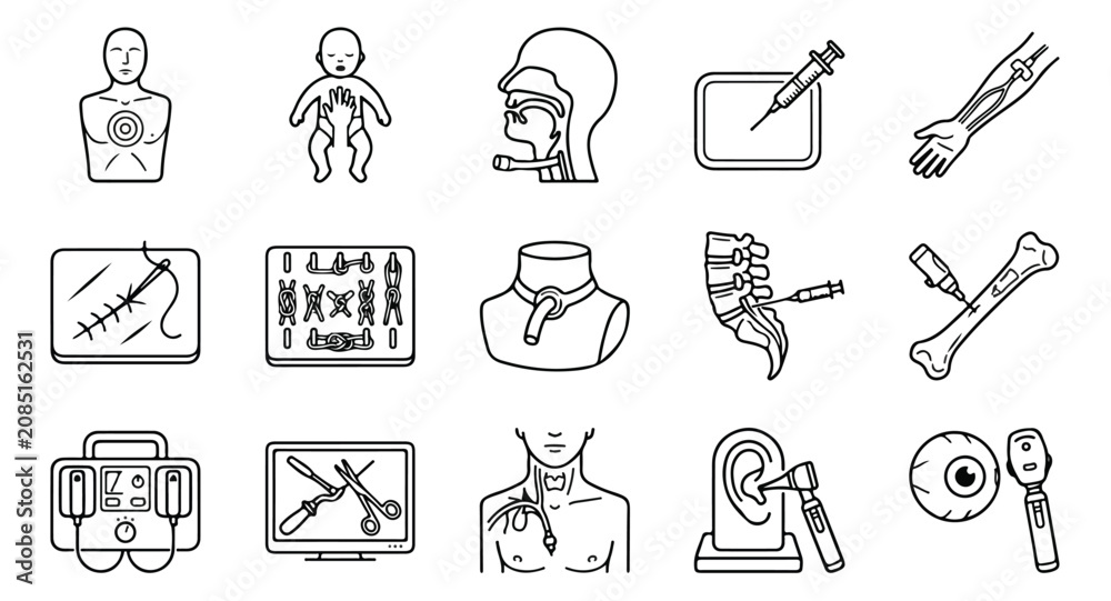 Fototapeta premium Medical training icons set with 15 thin line vector elements, clinical simulation and surgical procedure symbols, healthcare education graphics