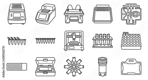 Tableau sur toile Laboratory equipment line icons set, 15 biotechnology research vector elements,