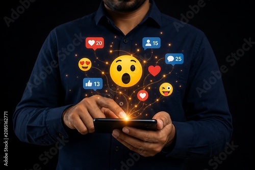 Man using smartphone with social media icons and emojis floating above