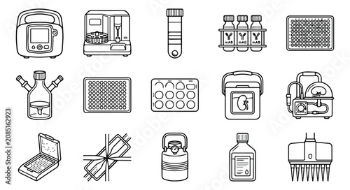 Vászonkép Laboratory equipment line icons, 15 biotechnology research tools vector set, sci