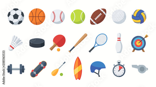 Sports equipment collection features various balls and athletic tools arranged in a clean grid layout for easy identification by athletes and coaches.
