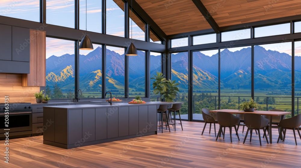 Fototapeta premium Modern kitchen with large windows showcasing mountain views, wooden floors, and minimalistic design