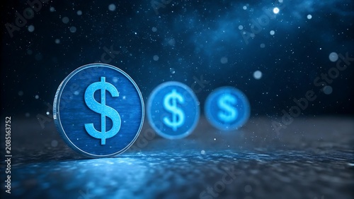 Abstract digital art featuring glowing blue dollar coin icons on a dark background for financial concepts