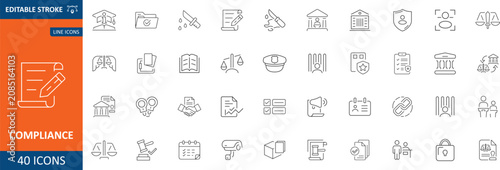 Compliance icon set. Including compliance, governance, corporate, regulatory, transparency, regulations and more. Editable line icons. Vector illustration.