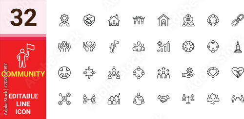 Tableau sur toile A collection of Community icons set with editable stroke, including network, organization, philanthropy, culture, social, belongin, equity, support, sociability, trust