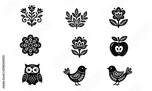 Scandinavian folk art silhouette icons set on white background.