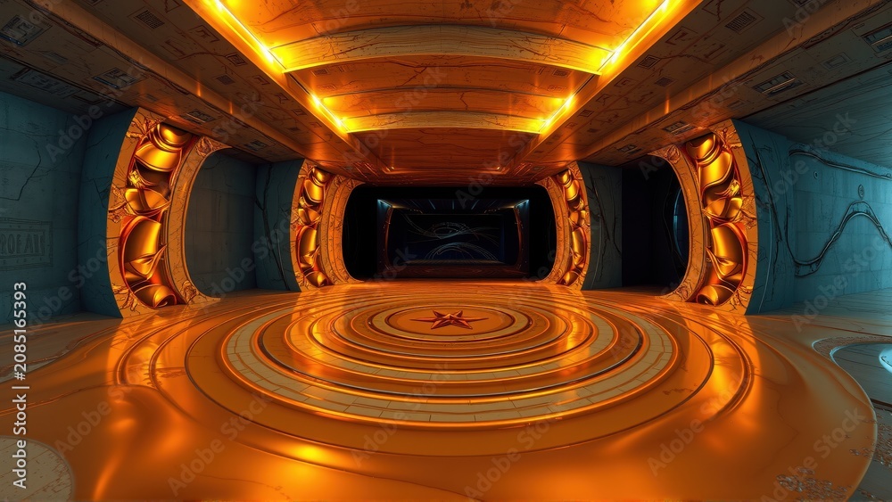 Fototapeta premium Futuristic corridor glows with orange light. Circular floor pattern leads toward distant portal. Walls feature ornate archways, dark shadows.