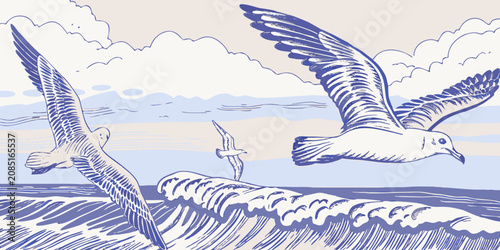 Schilderij op canvas Seascape Illustration With Seagulls And Waves In Engraved Style