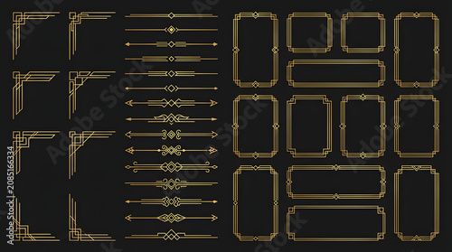 Vintage Geometric Ornament Collection: A comprehensive set of golden art deco inspired geometric ornament elements, including corner designs, dividers, and decorative frames.
