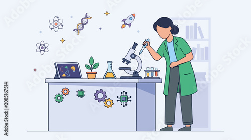 Canvastavla Female scientist conducting experiment in laboratory with science symbols