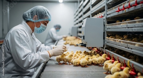 Modern poultry hatchery with workers in masks and gloves inspecting and handling newly hatched chicks on a conveyor belt system.