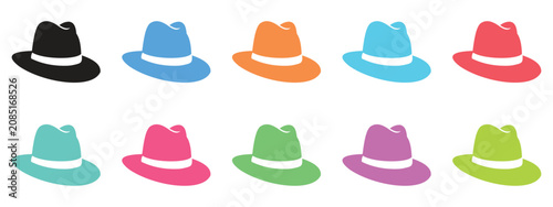 Foto Fedora Hat Icon Set Vector Illustration, Stylish Headwear Symbols in Multiple Co