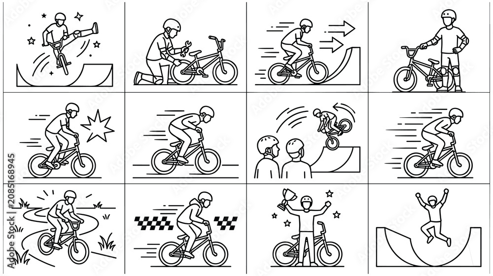 Obraz premium Bmx riding and cycling action set showing various extreme stunts and sport.