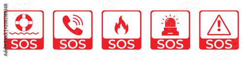 SOS Emergency Icon Set Vector Illustration with Red Rescue Symbols, Lifebuoy, Phone, Fire, Siren and Warning Triangle