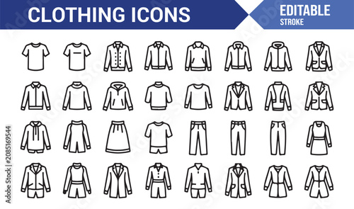 Editable Stroke Clothing Outline Icons for Apparel Retail and Wardrobe Graphics