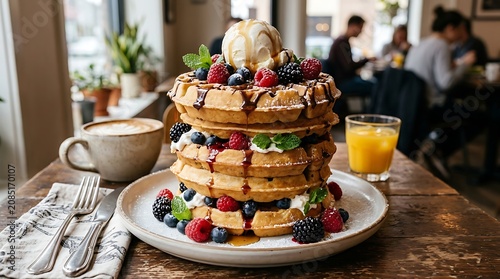 Decadent Stack of Berries and Cream Waffles with Ice Cream and Orange Juice.