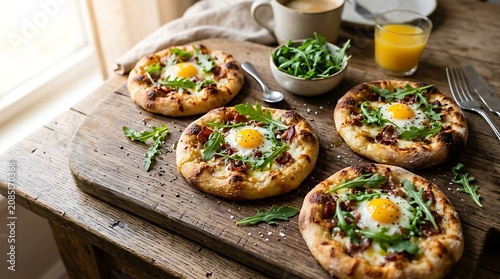 Delicious Mini Pizzas with Fried Eggs and Arugula on a Rustic Wooden Board.