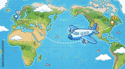 Cartoon world map with airplane flying over ocean., Concept of travel, tourism, flight route, and international journey. Represents trip planning and adventure made by AI generative