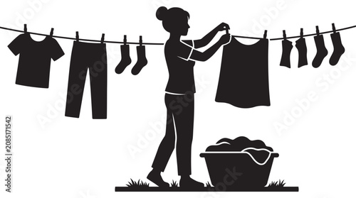 Photos Woman Hanging Laundry On A Clothesline Black Silhouette