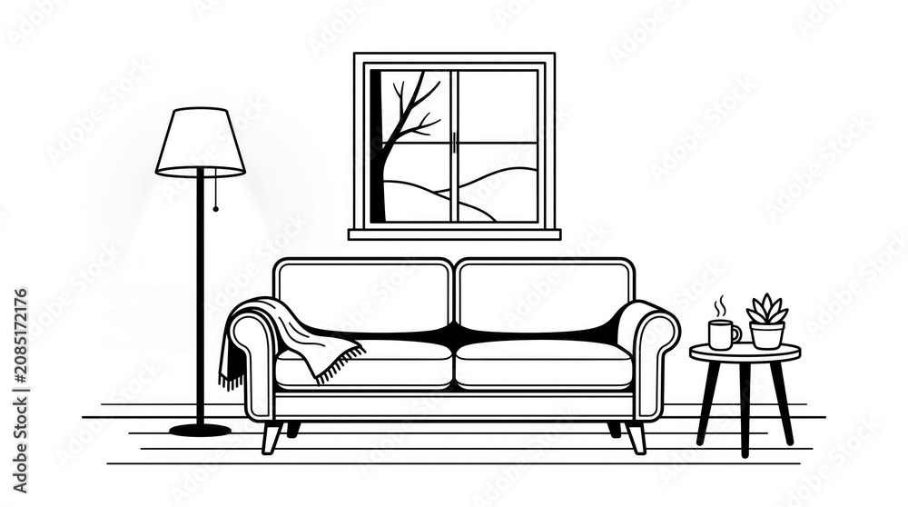 Fototapeta premium Minimalist Living Room Interior with Sofa and Floor Lamp in Natural Light