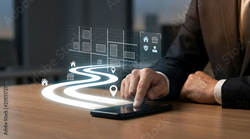 Businessman planning real estate property roadmap on smartphone screen
