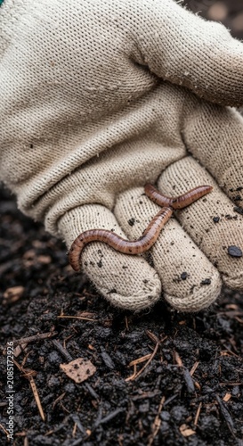 Gardener hand holding small brown worm.