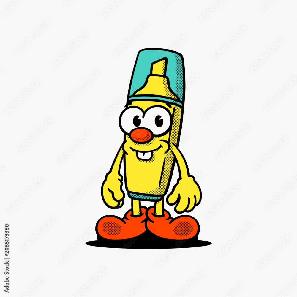 Obraz premium Retro cartoon highlighter mascot character. Vintage 1930s rubber hose style stabilo marker vector illustration isolated on white background.