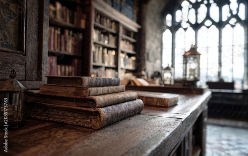Antique books rest on a wooden desk in a library with arched window