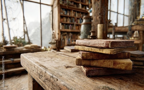Antique library interior with wooden desk and piled books