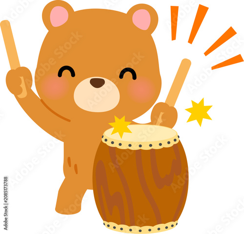 地面に立てた和太鼓を叩くクマのキャラクター