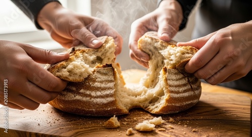 People tearing apart a loaf bread.