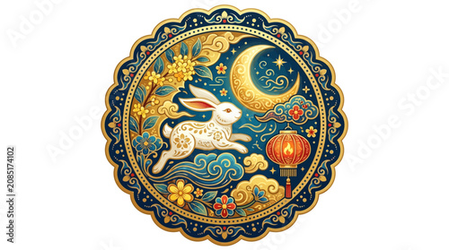 A white rabbit runs under a crescent moon with lanterns and clouds.