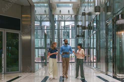 Bild auf Leinwand Diverse business colleagues walking and collaborating in a contemporary glass of