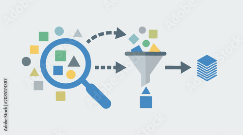 Photos Data analysis, filtering, and refinement process with magnifying glass and funne