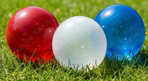 Colorful Bocce Balls on Green Grass.