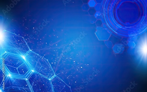 Futuristic blue digital network with glowing geometric shapes and star clusters