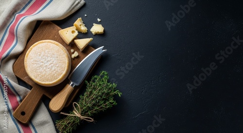 Cheese board with knife and herbs.