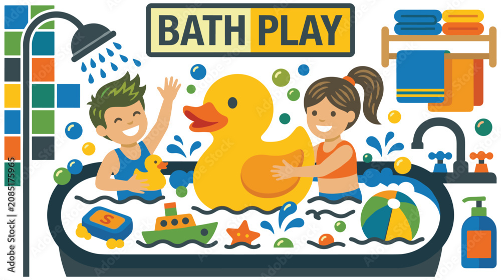 Fototapeta premium Children playing with rubber duck in bathtub with soap suds and toys.