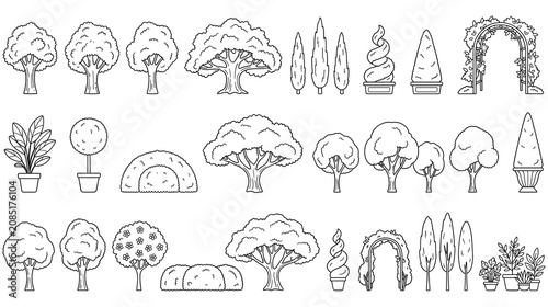 Bild auf Leinwand Garden tree and shrub line icons set for landscape design coloring
