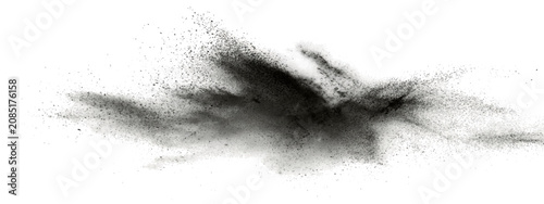 Foto Explosion of black powder or charcoal dust creates abstract smoky cloud, chaotic energetic motion, dynamic graphic element