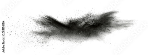 Konstfotografi Abstract dynamic cloud black powder explosion isolated white background, capturing explosive energy particulate matter